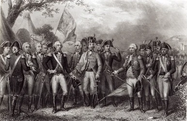 Les Britanniques rendant leurs armes au général Washington, 19 octobre 1781, gravé par J. Stephenson